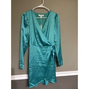 She + Sky NEW Mini Dress Womens Small Teal NWT Satin Faux Wrap Long Sleeve V